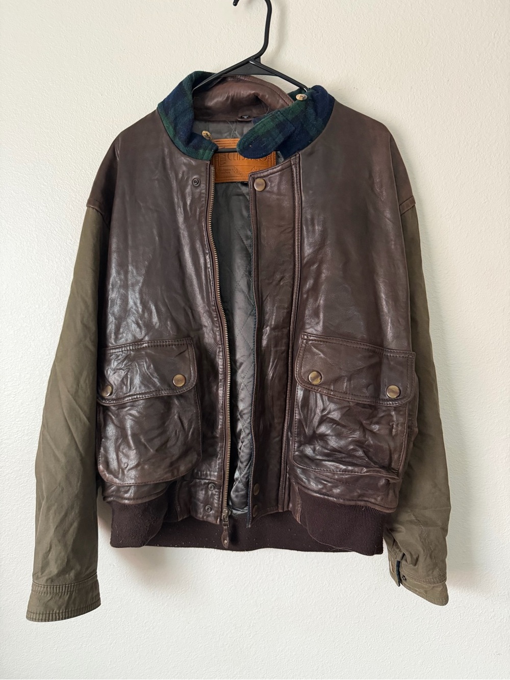 Men's Brown Leather Bomber Jacket with Olive Cotton Sleeves